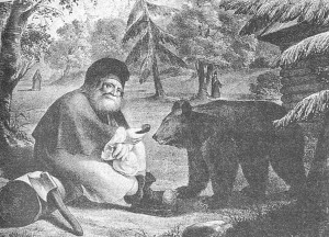 Литография 1856 года Старец Серафим, кормящий медведя